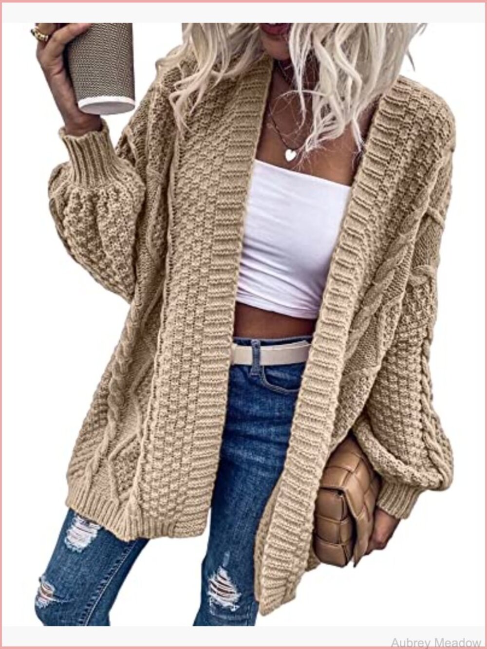 Oversized Open Front Cable Knit Chunky Cardigan Sweater Coat - Picture 5 of 7